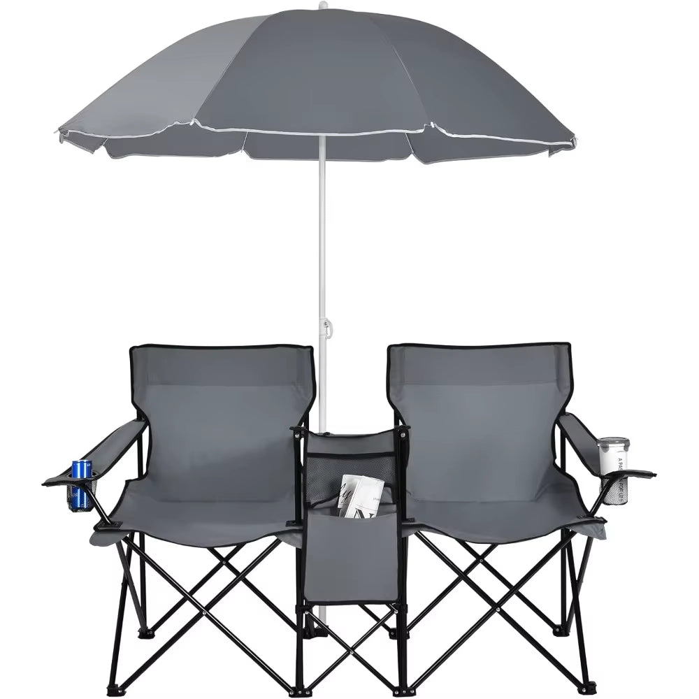 Double Camping Chair with Umbrella, Folding Loveseat Chairs W/Canopy Shade, Carrying Bag, Table, Cup Holder, Portable Beach Cha