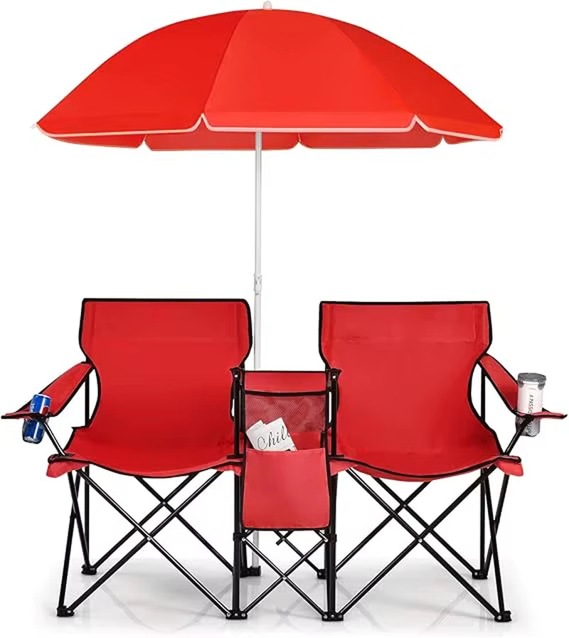 Double Camping Chair with Umbrella, Folding Loveseat Chairs W/Canopy Shade, Carrying Bag, Table, Cup Holder, Portable Beach Cha