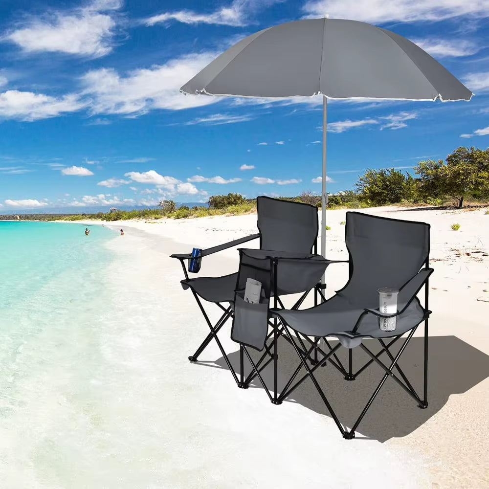 Double Camping Chair with Umbrella, Folding Loveseat Chairs W/Canopy Shade, Carrying Bag, Table, Cup Holder, Portable Beach Cha