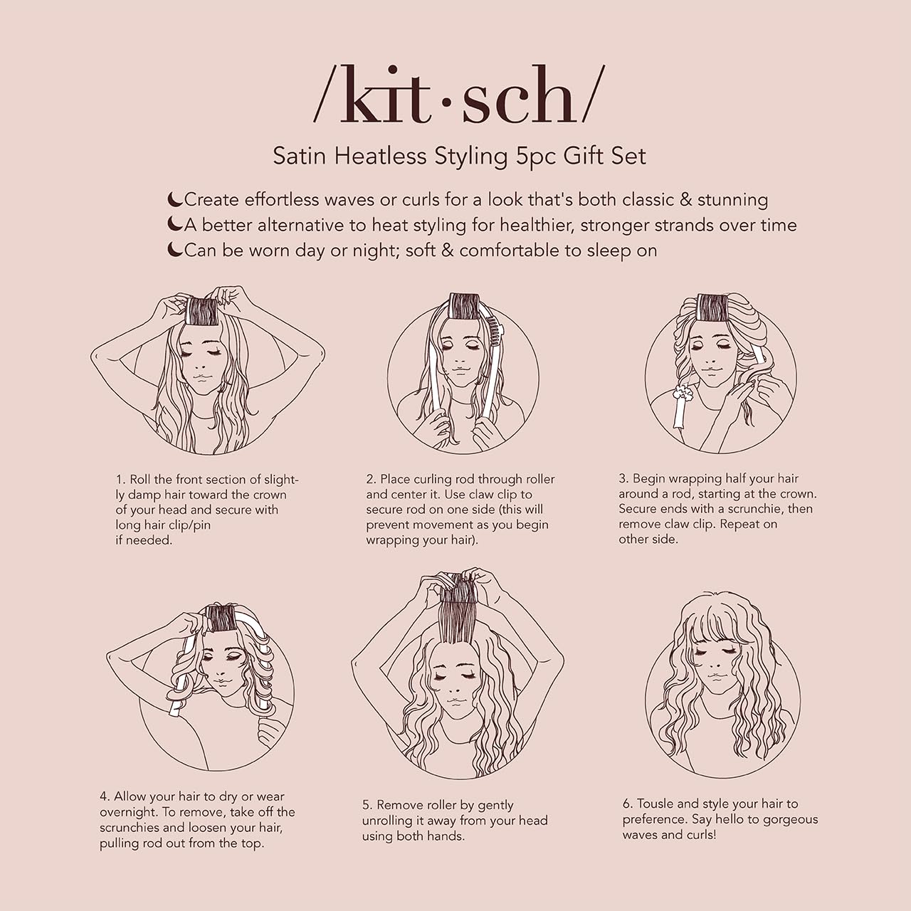 Kitsch Satin Heatless Hair Styling Gift Set - 5Pc Set of Satin Heatless Curling Set, Ceramic Thermal Hair Roller & Claw Clip, Hair Gift Set, Hair Styling Accessories, Heatless Curler Set - Champagne