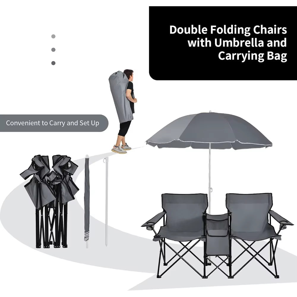 Double Camping Chair with Umbrella, Folding Loveseat Chairs W/Canopy Shade, Carrying Bag, Table, Cup Holder, Portable Beach Cha