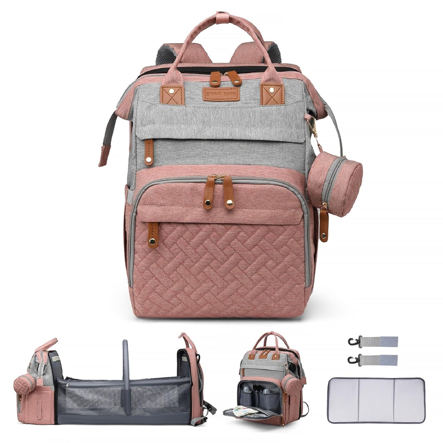 Ultimate 7-in-1 Diaper Bag Backpack with Changing Station & USB Port - Stylish Pink-Grey Mommy Bag for Travel