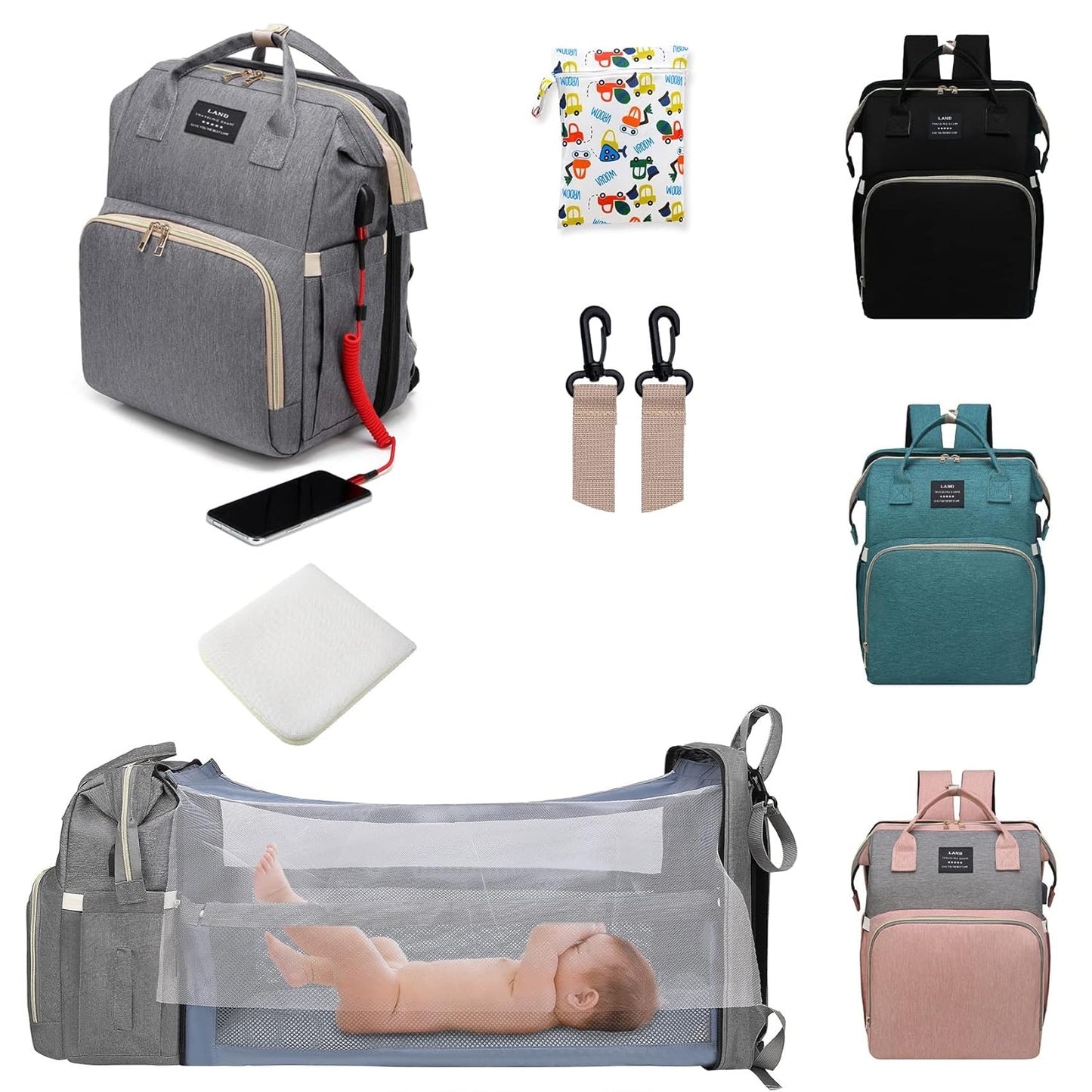 Ultimate 7-in-1 Diaper Bag Backpack with Changing Station & USB Port - Stylish Pink-Grey Mommy Bag for Travel