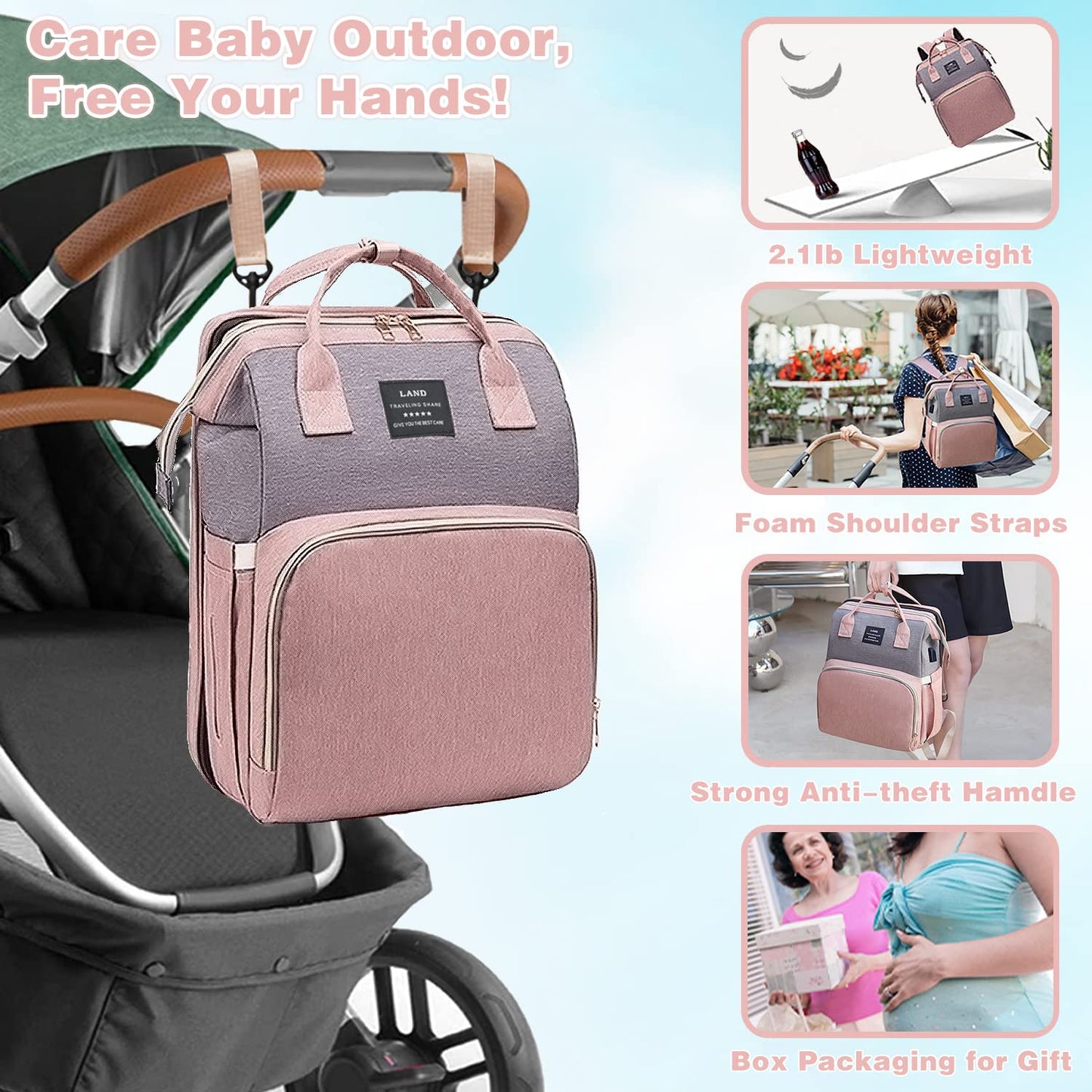 Ultimate 7-in-1 Diaper Bag Backpack with Changing Station & USB Port - Stylish Pink-Grey Mommy Bag for Travel