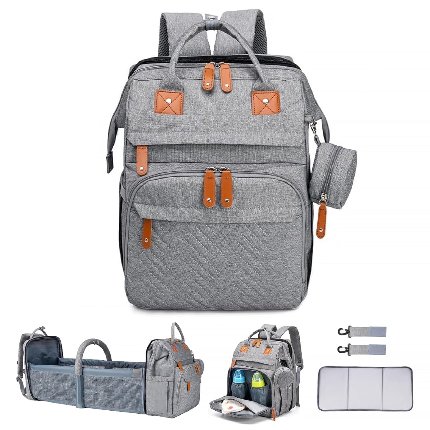 Ultimate 7-in-1 Diaper Bag Backpack with Changing Station & USB Port - Stylish Pink-Grey Mommy Bag for Travel