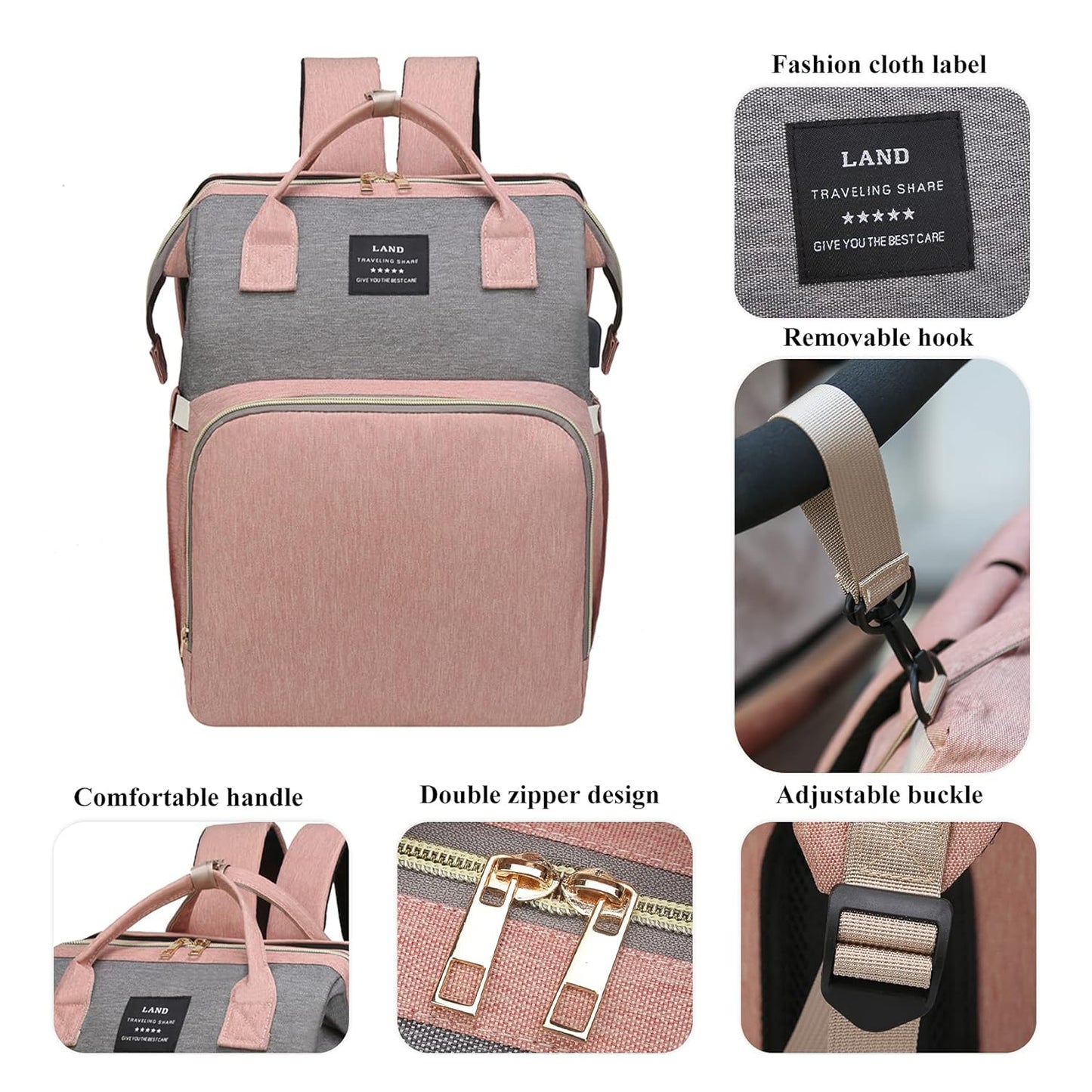 Ultimate 7-in-1 Diaper Bag Backpack with Changing Station & USB Port - Stylish Pink-Grey Mommy Bag for Travel