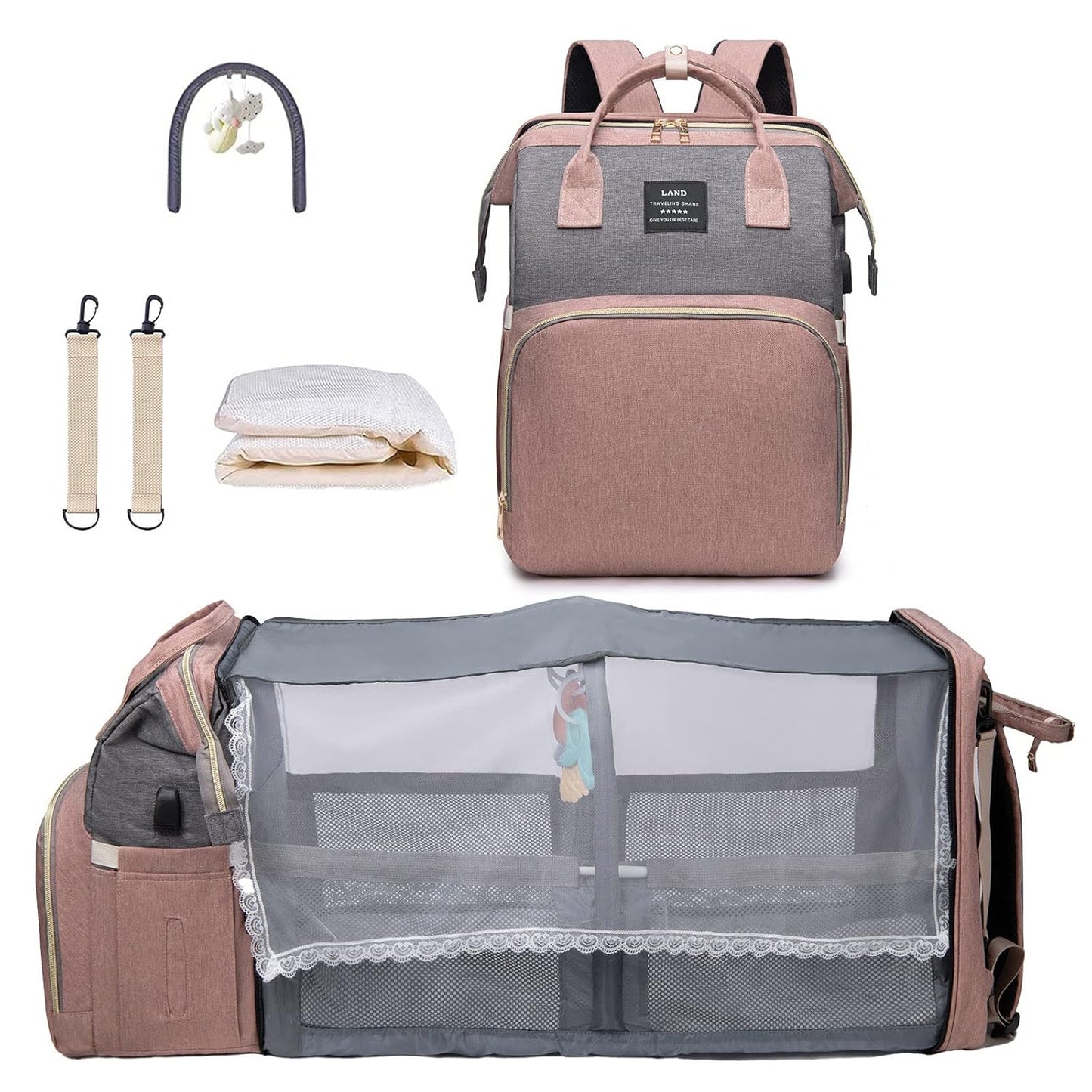 Ultimate 7-in-1 Diaper Bag Backpack with Changing Station & USB Port - Stylish Pink-Grey Mommy Bag for Travel