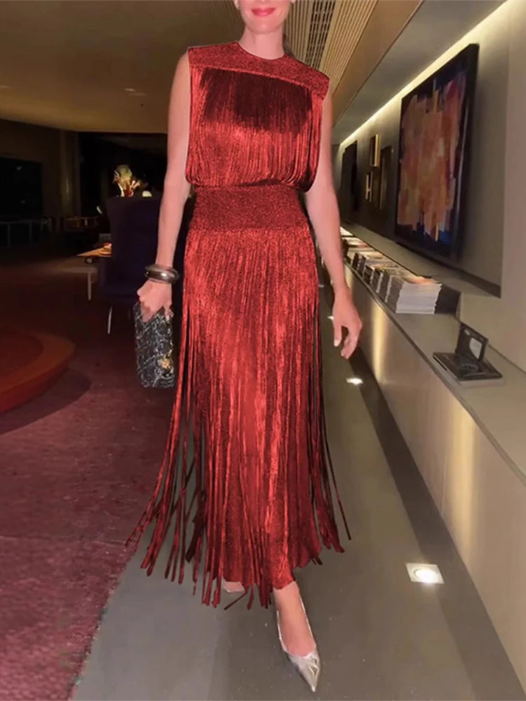 Elegant Vintage Sequin Tassel Evening Dress for Women - Sleeveless O-Neck High Waist Long Gown for Chic Parties 2025