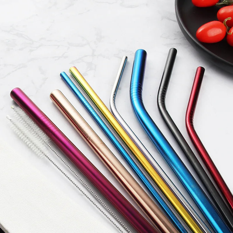 Rainbow Color Reusable Metal Straws Set with Cleaner Brush 304 Stainless Steel Drinking Straw