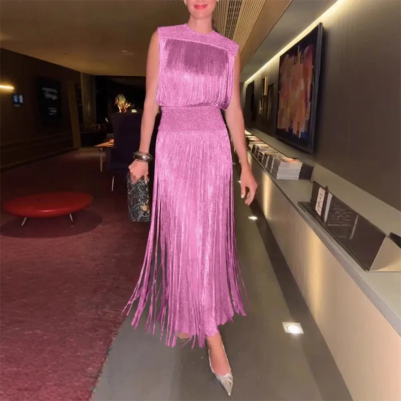 Elegant Vintage Sequin Tassel Evening Dress for Women - Sleeveless O-Neck High Waist Long Gown for Chic Parties 2025