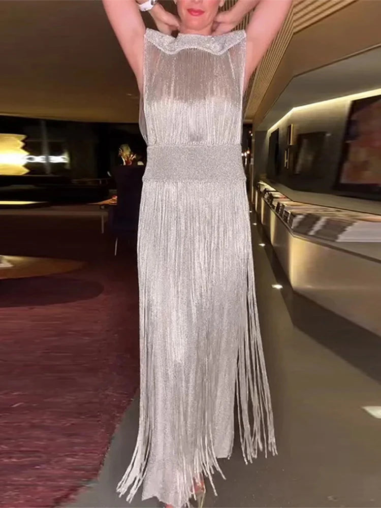 Elegant Vintage Sequin Tassel Evening Dress for Women - Sleeveless O-Neck High Waist Long Gown for Chic Parties 2025
