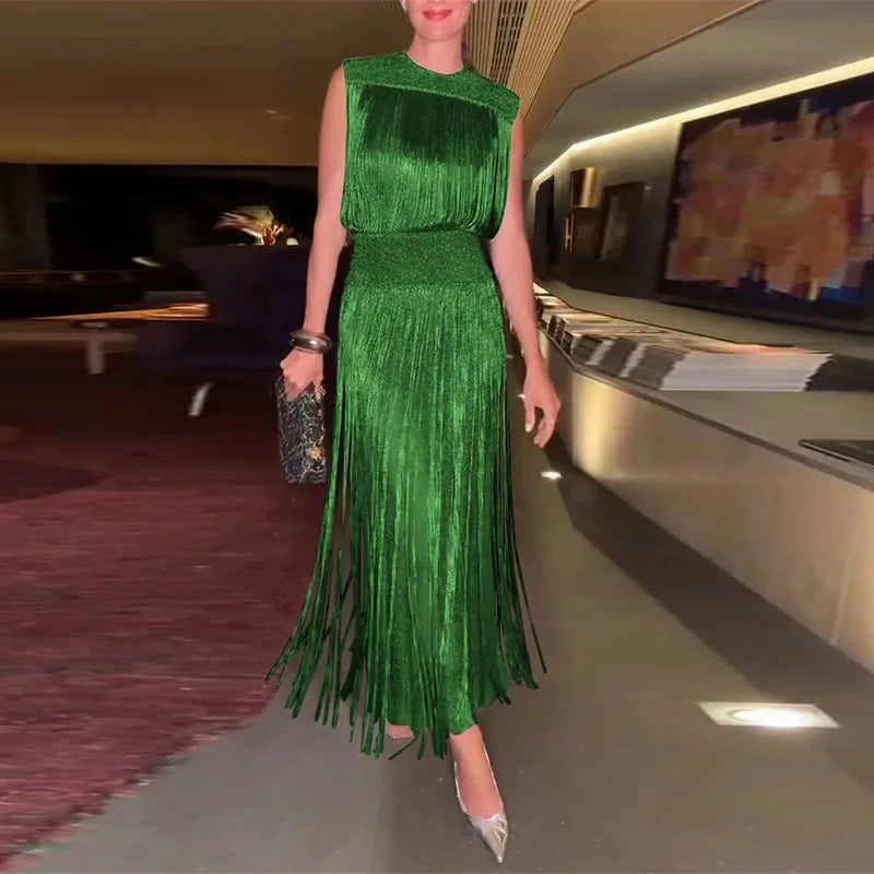 Elegant Vintage Sequin Tassel Evening Dress for Women - Sleeveless O-Neck High Waist Long Gown for Chic Parties 2025