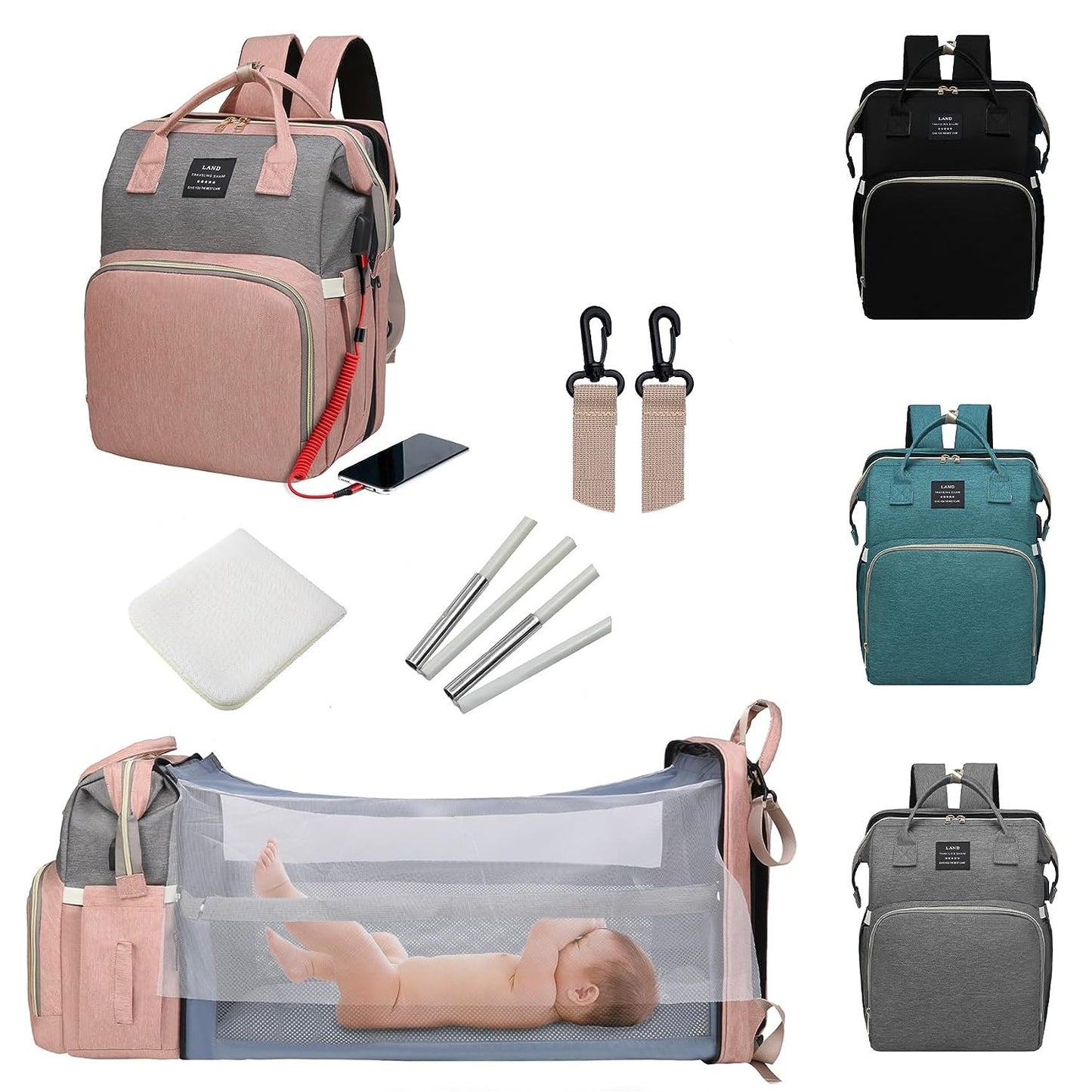 Ultimate 7-in-1 Diaper Bag Backpack with Changing Station & USB Port - Stylish Pink-Grey Mommy Bag for Travel