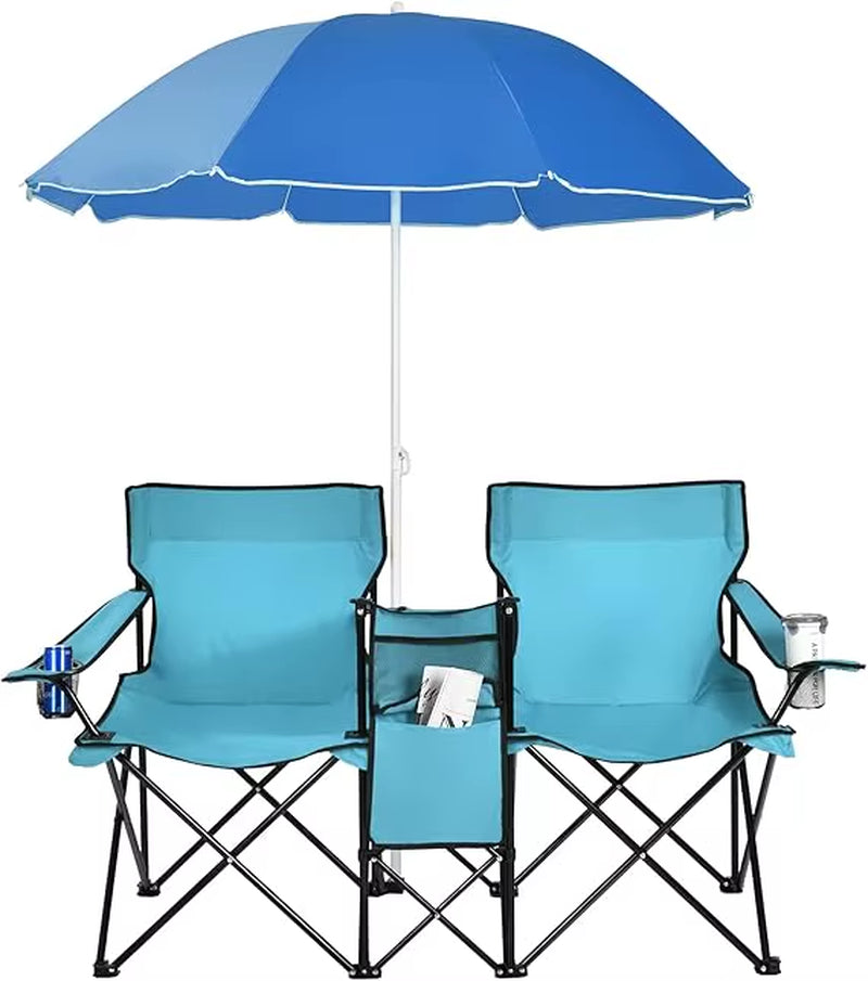 Double Camping Chair with Umbrella, Folding Loveseat Chairs W/Canopy Shade, Carrying Bag, Table, Cup Holder, Portable Beach Cha