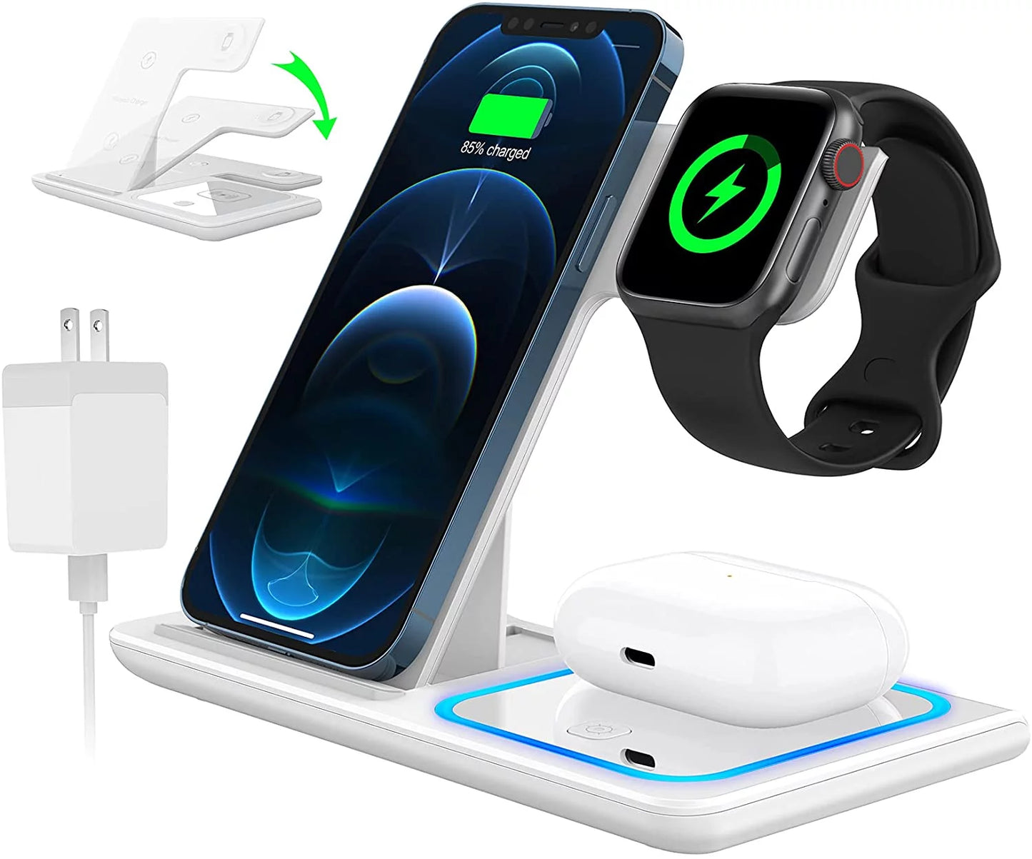 3 in 1 Wireless Charger, 18W Fast Charger Pad Stand Charging Station Dock for Iwatch Series SE 8/7/6/5/4/3 Airpods Pro/3/2 for Iphone 15/14/13/12 /11/Pro Max/12 Pro /XR (With QC3.0 Adapter)