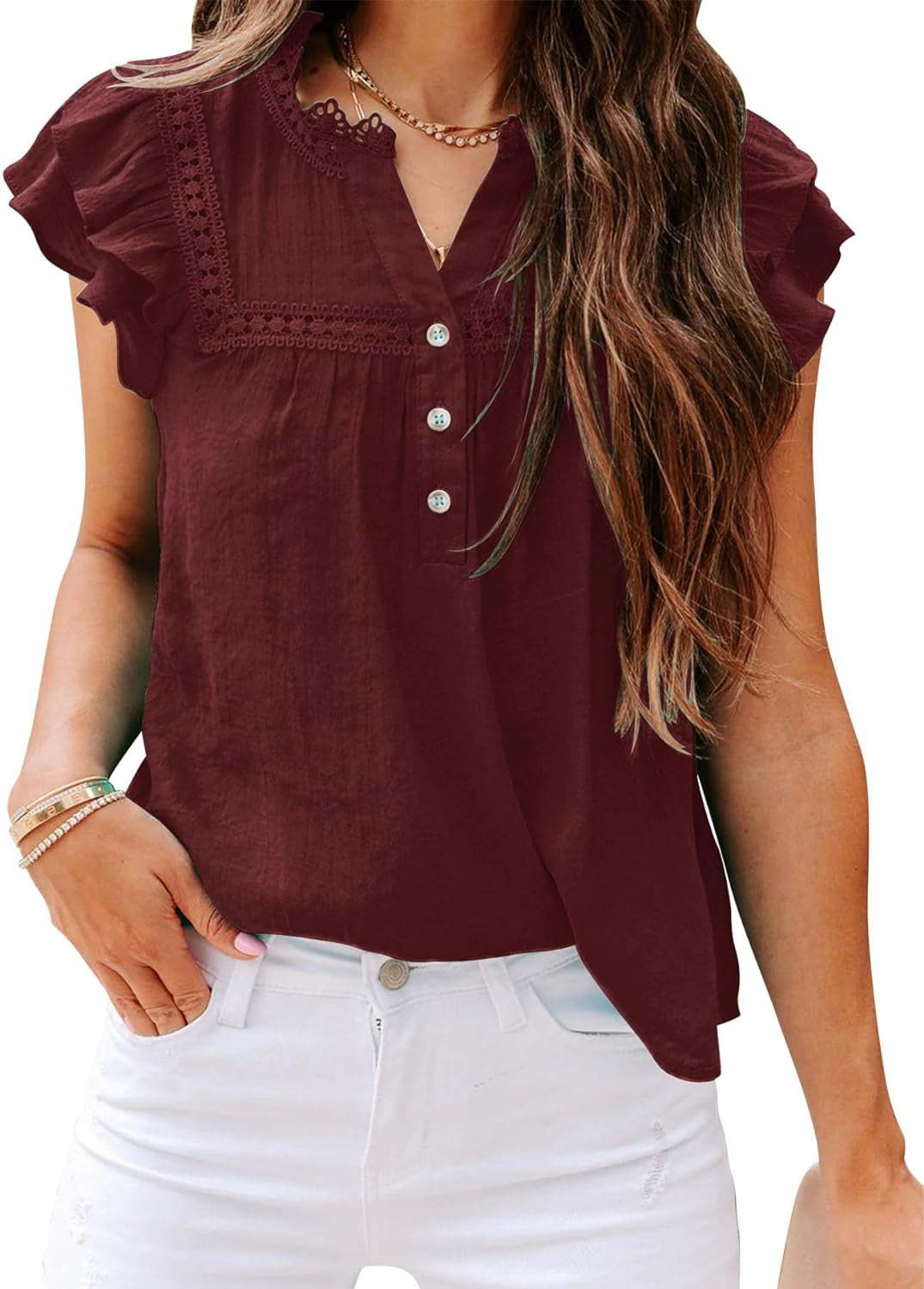 PRETTODAY Women'S V Neck Lace Crochet Shirts Button down Short Sleeve Casual Blouse Tops