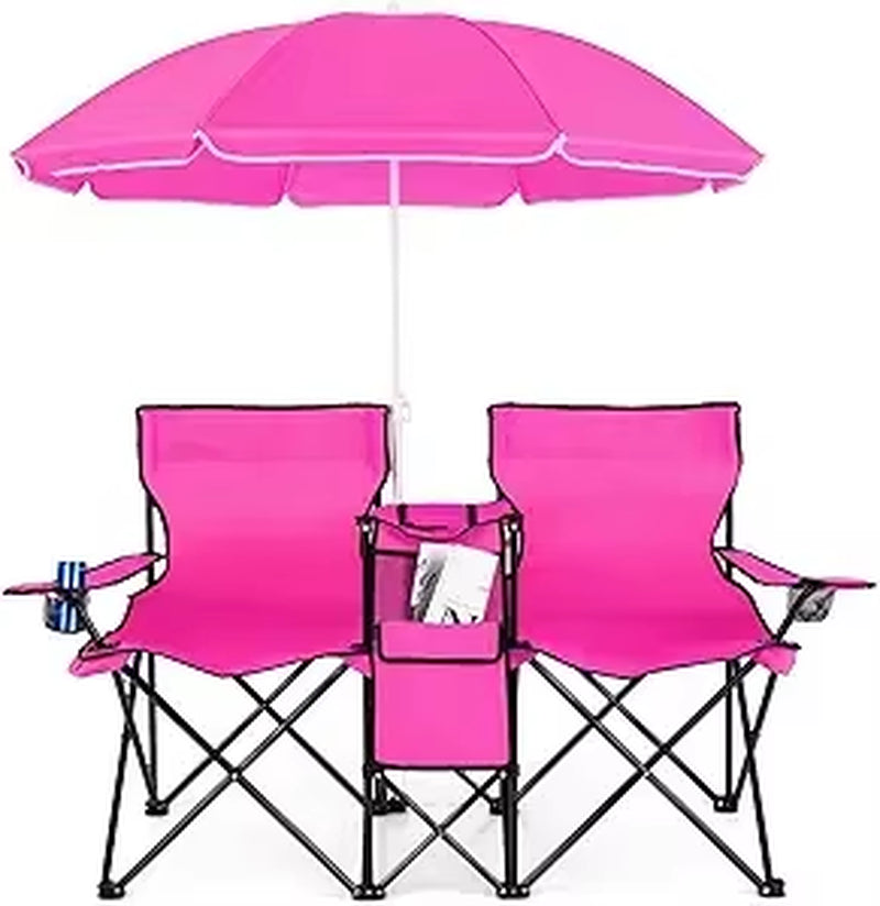 Double Camping Chair with Umbrella, Folding Loveseat Chairs W/Canopy Shade, Carrying Bag, Table, Cup Holder, Portable Beach Cha