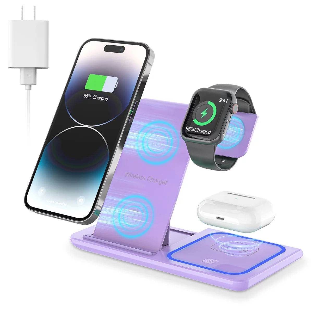 3 in 1 Wireless Charger, 18W Fast Charger Pad Stand Charging Station Dock for Iwatch Series SE 8/7/6/5/4/3 Airpods Pro/3/2 for Iphone 15/14/13/12 /11/Pro Max/12 Pro /XR (With QC3.0 Adapter)