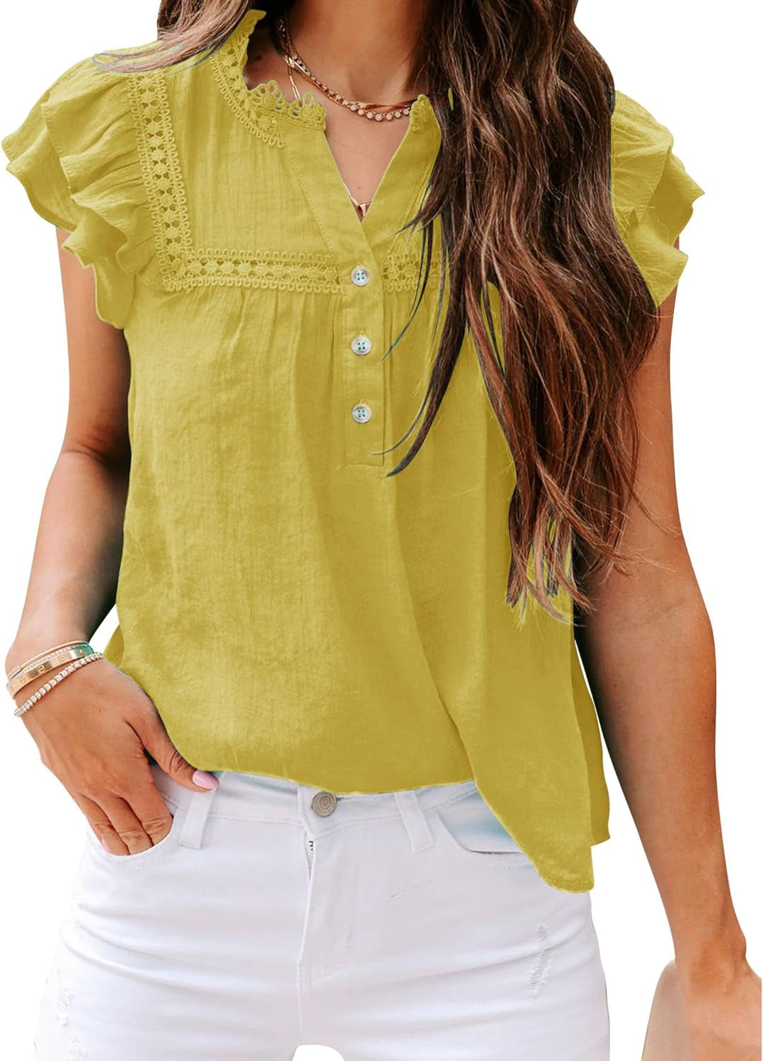 PRETTODAY Women'S V Neck Lace Crochet Shirts Button down Short Sleeve Casual Blouse Tops