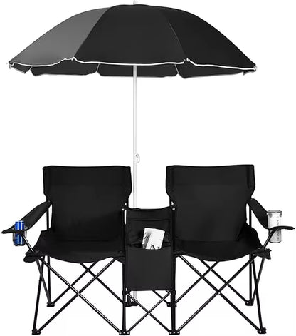 Double Camping Chair with Umbrella, Folding Loveseat Chairs W/Canopy Shade, Carrying Bag, Table, Cup Holder, Portable Beach Cha