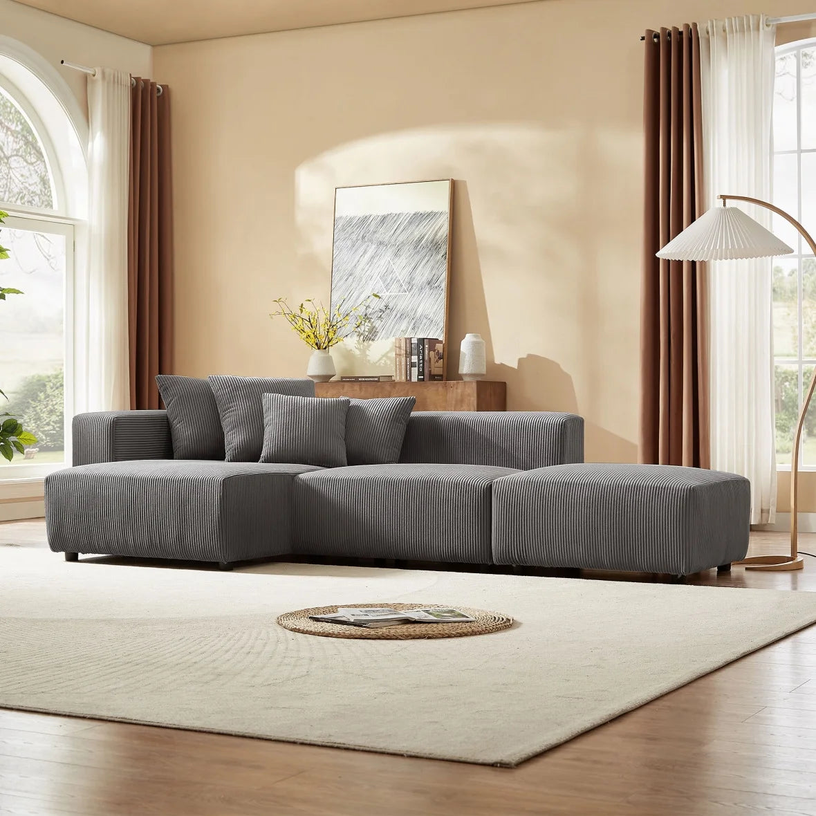 Modern L-Shaped Corduroy Sectional