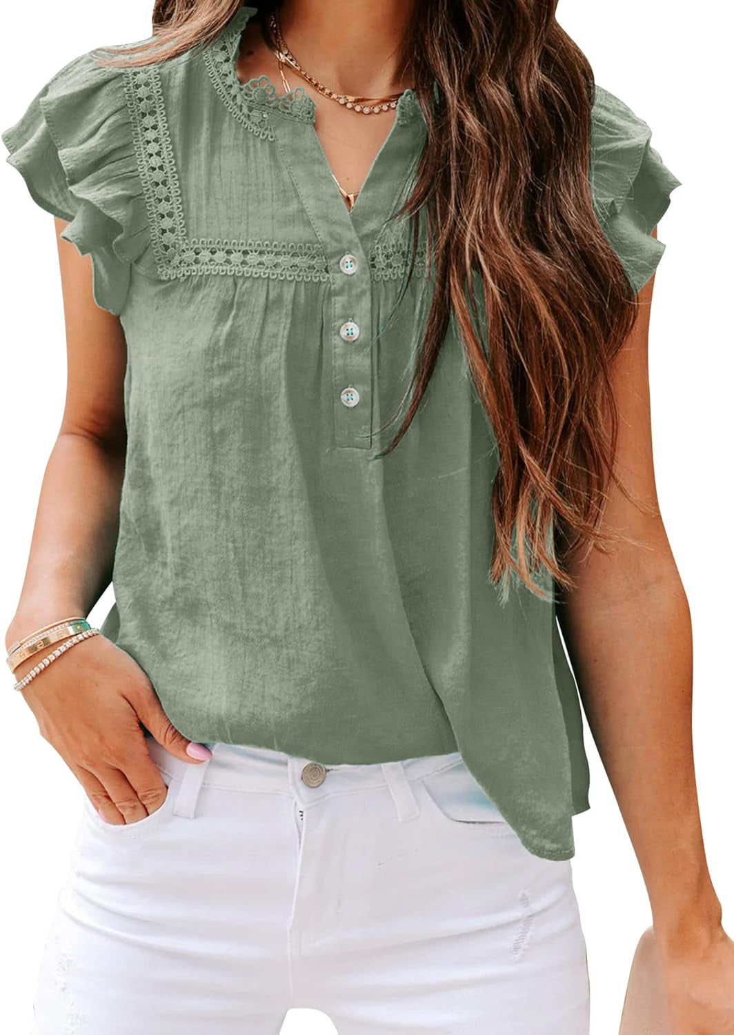 PRETTODAY Women'S V Neck Lace Crochet Shirts Button down Short Sleeve Casual Blouse Tops