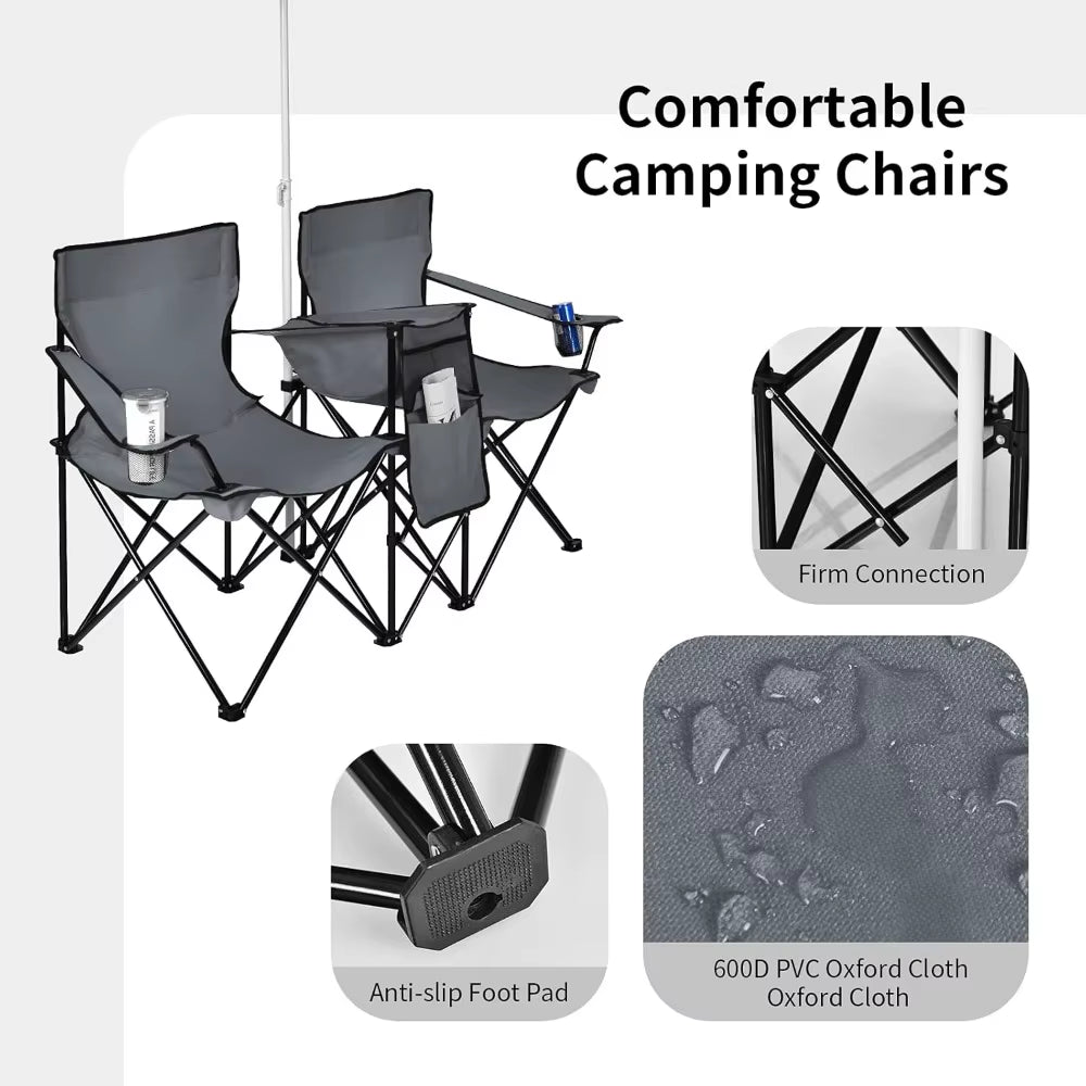 Double Camping Chair with Umbrella, Folding Loveseat Chairs W/Canopy Shade, Carrying Bag, Table, Cup Holder, Portable Beach Cha