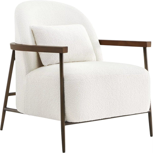 Accent Chair for Living Room, FSC Certified Modern Upholstered Faux Sherpa Fabric Armchair with Metal Frame and Wooden Armrests