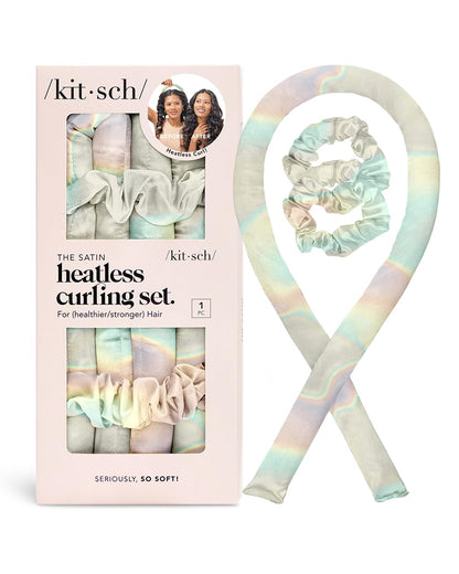 Kitsch Satin Heatless Hair Styling Gift Set - 5Pc Set of Satin Heatless Curling Set, Ceramic Thermal Hair Roller & Claw Clip, Hair Gift Set, Hair Styling Accessories, Heatless Curler Set - Champagne