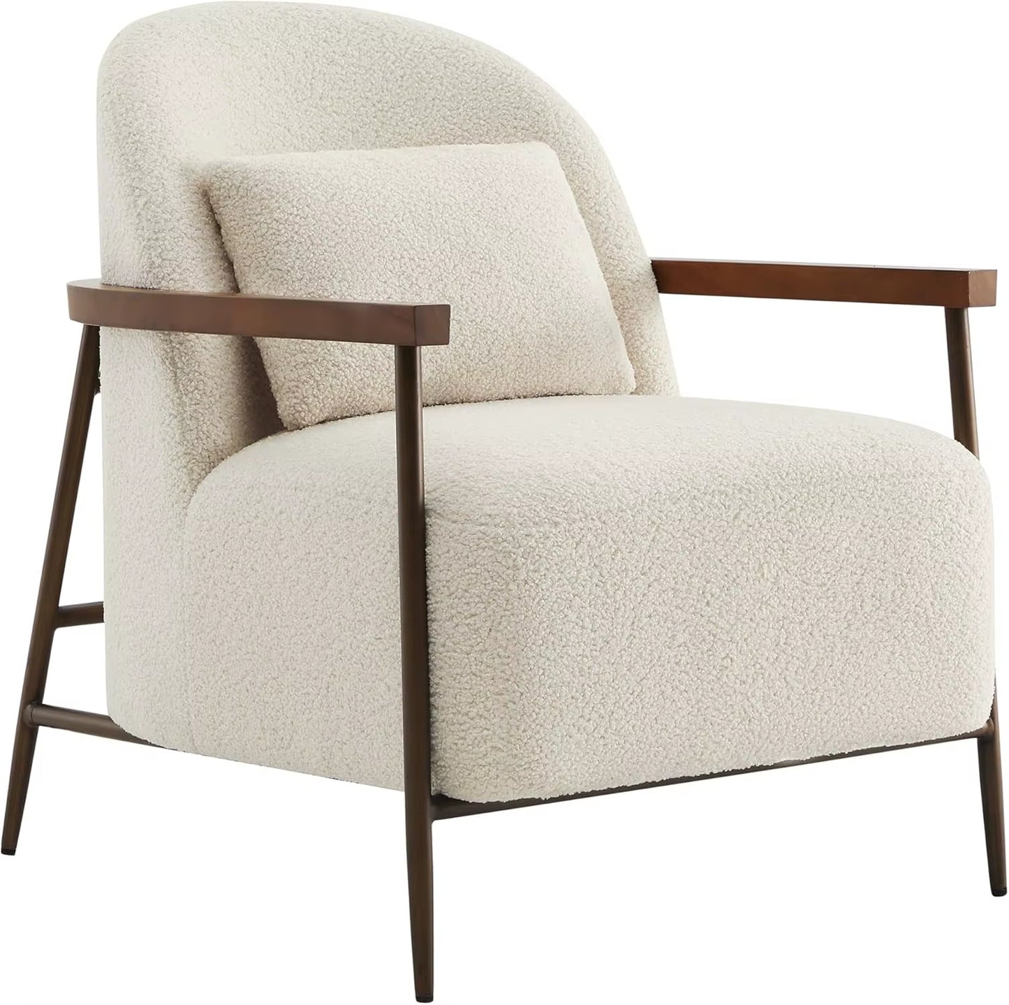 Accent Chair for Living Room, FSC Certified Modern Upholstered Faux Sherpa Fabric Armchair with Metal Frame and Wooden Armrests