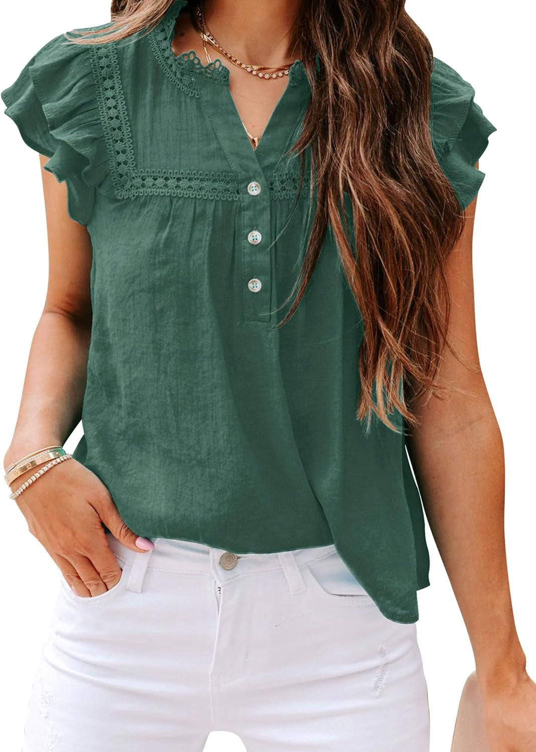 PRETTODAY Women'S V Neck Lace Crochet Shirts Button down Short Sleeve Casual Blouse Tops