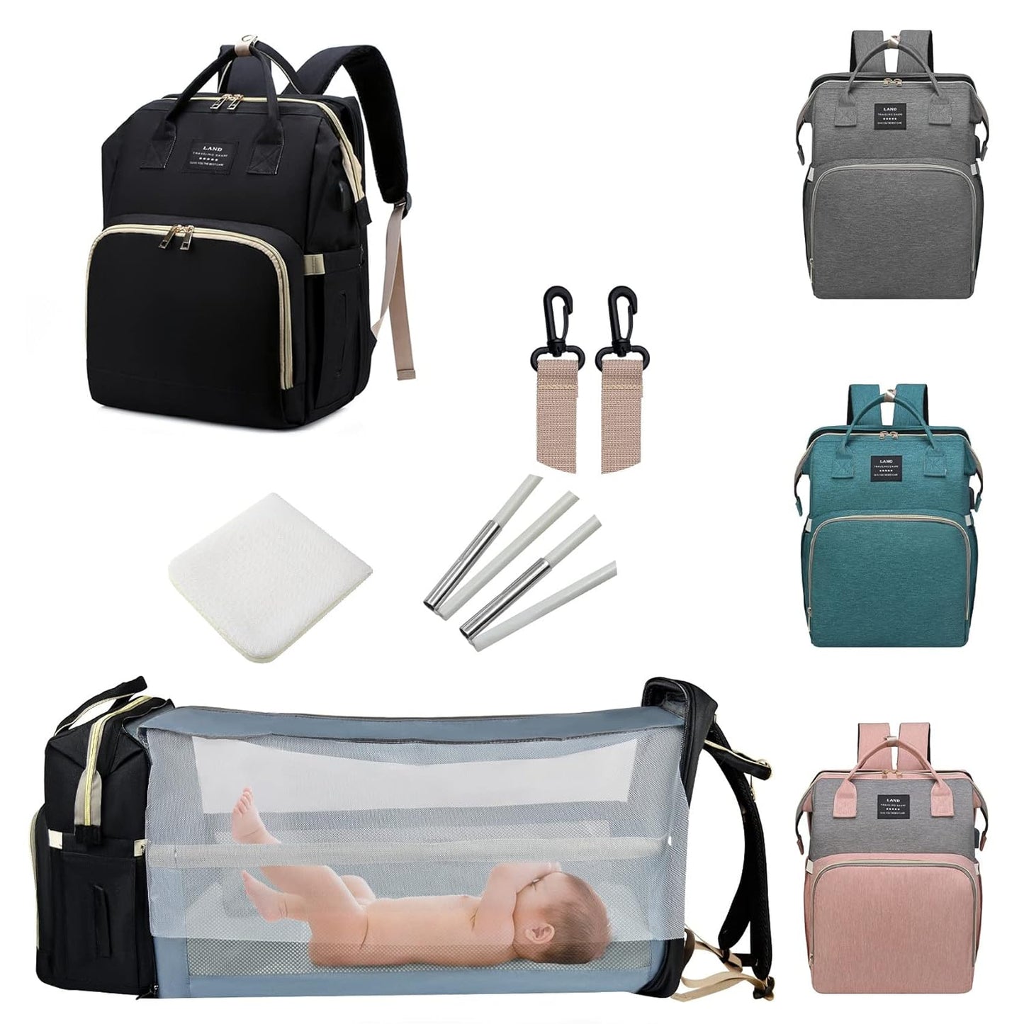 Ultimate 7-in-1 Diaper Bag Backpack with Changing Station & USB Port - Stylish Pink-Grey Mommy Bag for Travel