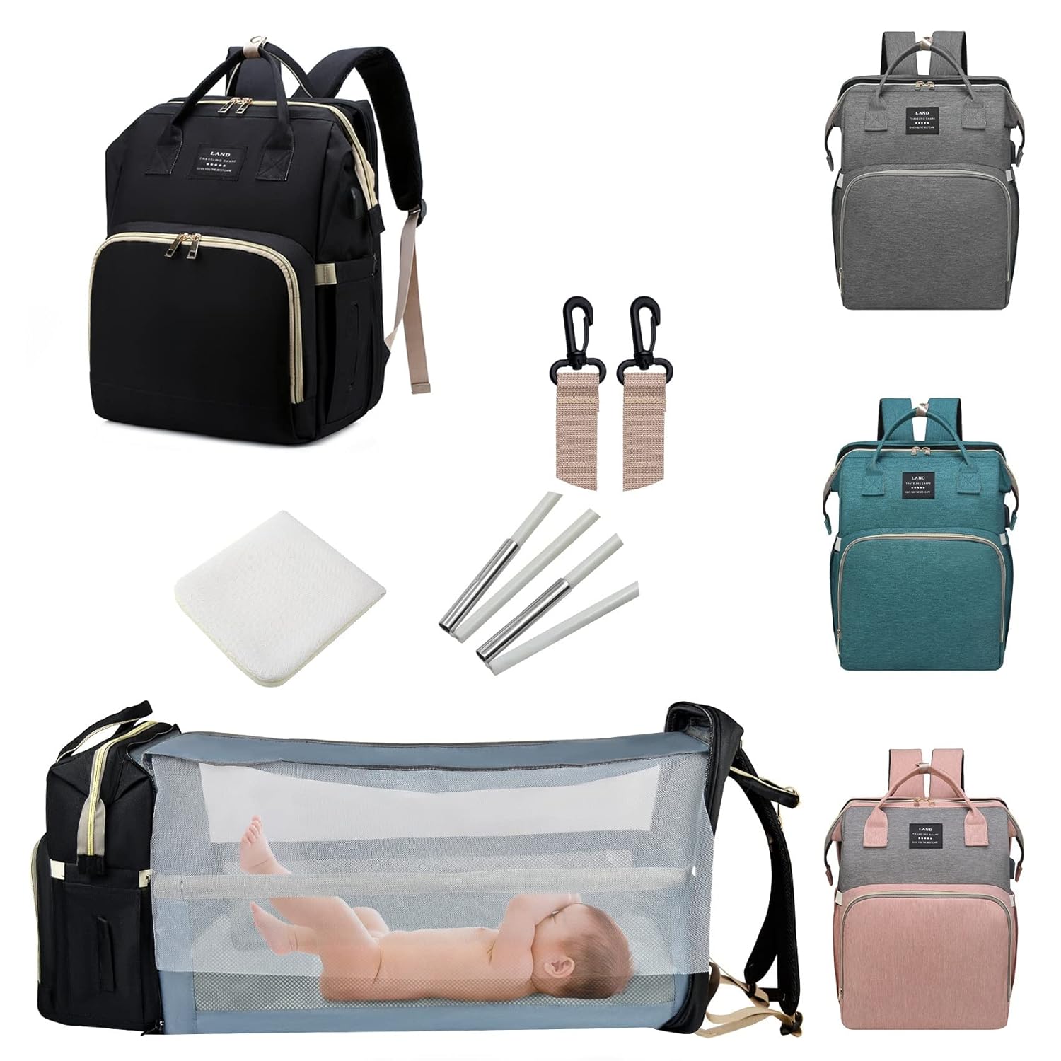 Ultimate 7-in-1 Diaper Bag Backpack with Changing Station & USB Port - Stylish Pink-Grey Mommy Bag for Travel