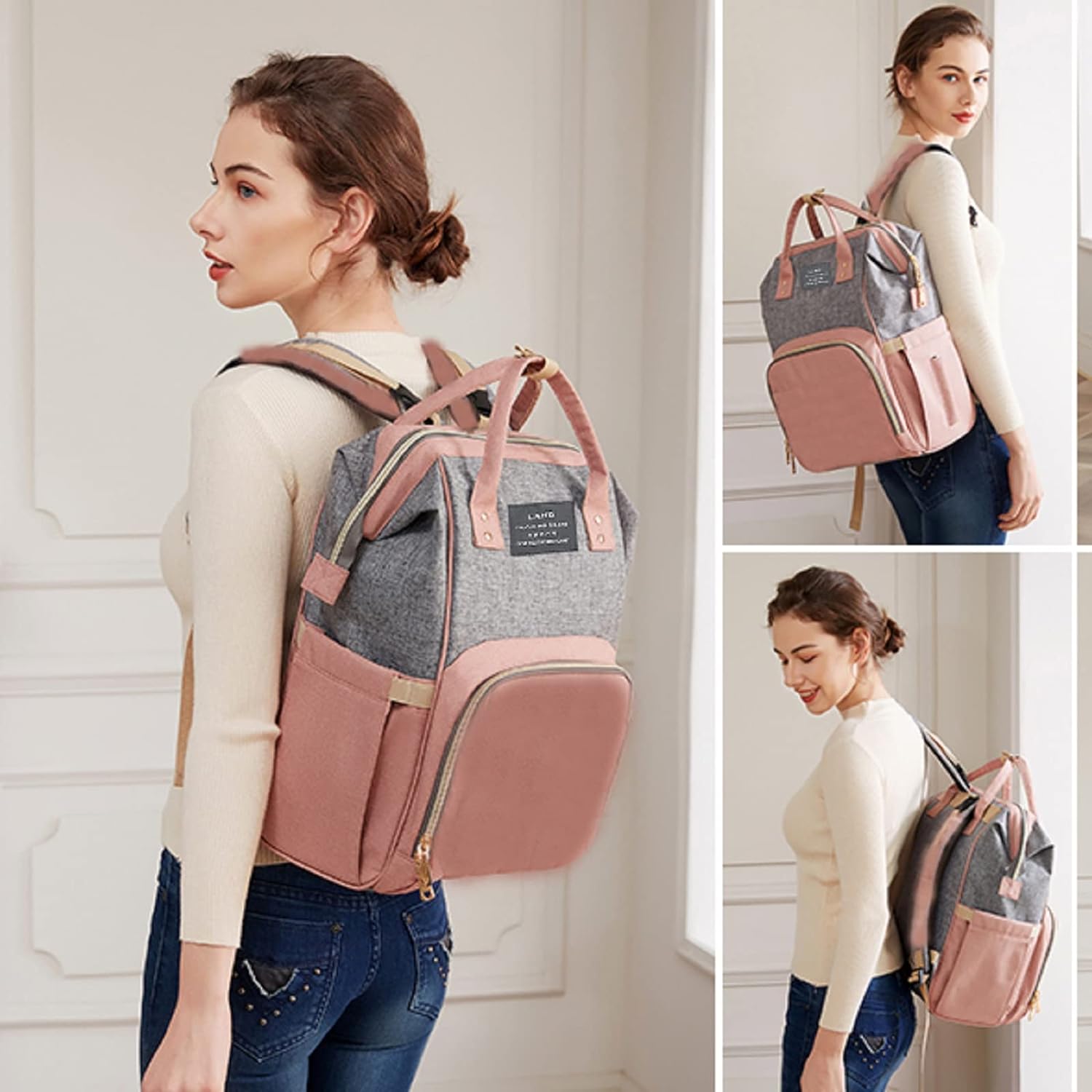Ultimate 7-in-1 Diaper Bag Backpack with Changing Station & USB Port - Stylish Pink-Grey Mommy Bag for Travel