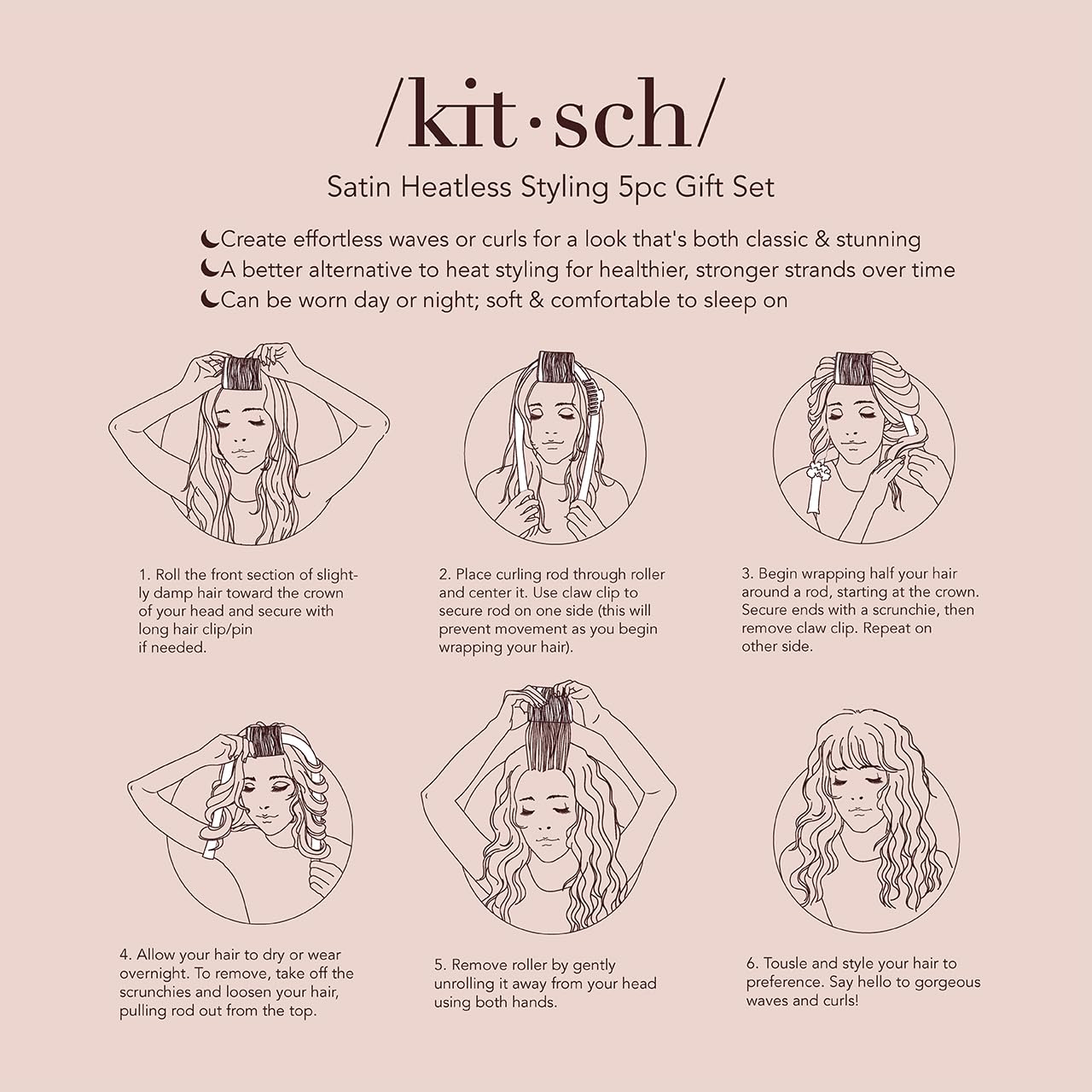 Kitsch Satin Heatless Hair Styling Gift Set - 5Pc Set of Satin Heatless Curling Set, Ceramic Thermal Hair Roller & Claw Clip, Hair Gift Set, Hair Styling Accessories, Heatless Curler Set - Champagne