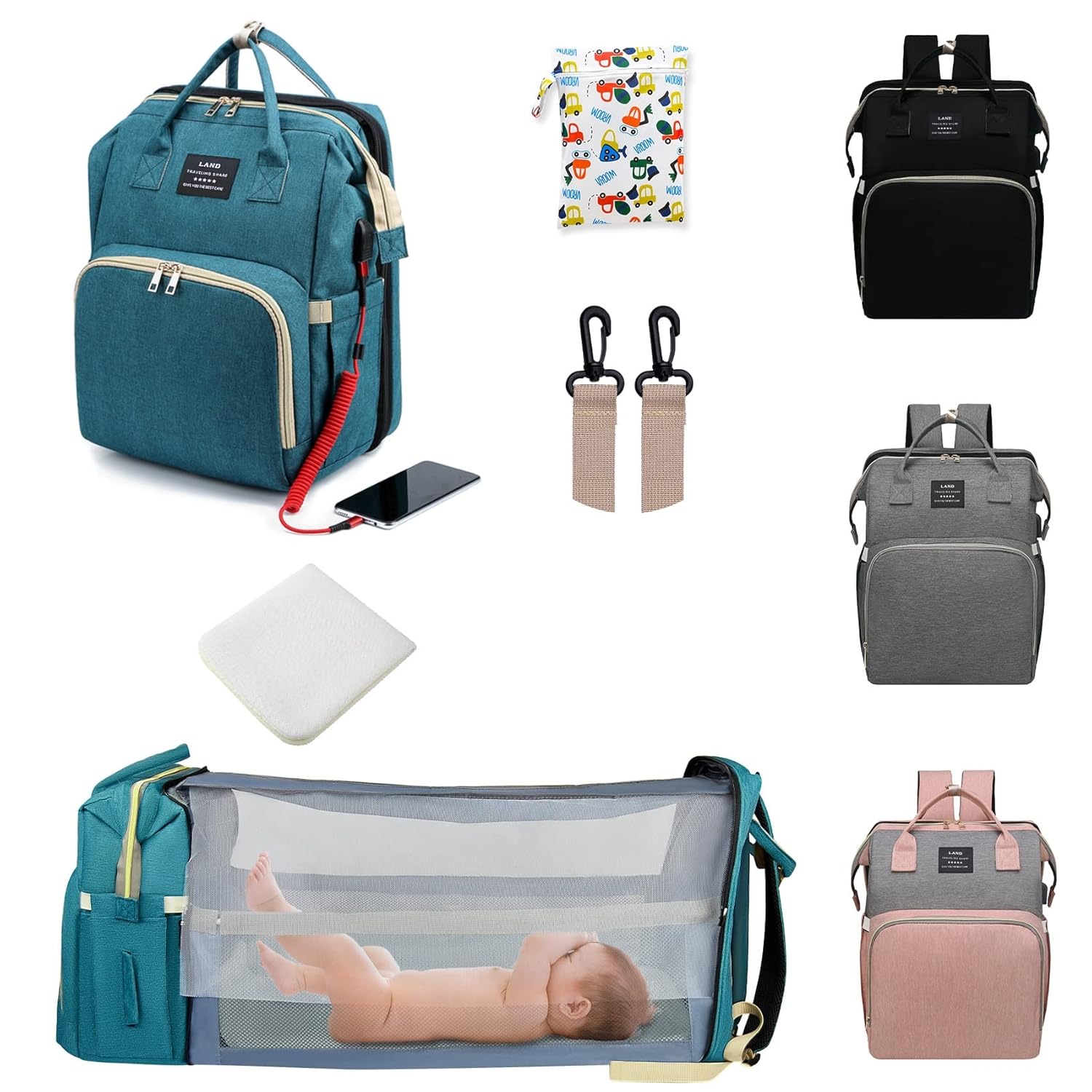 Ultimate 7-in-1 Diaper Bag Backpack with Changing Station & USB Port - Stylish Pink-Grey Mommy Bag for Travel