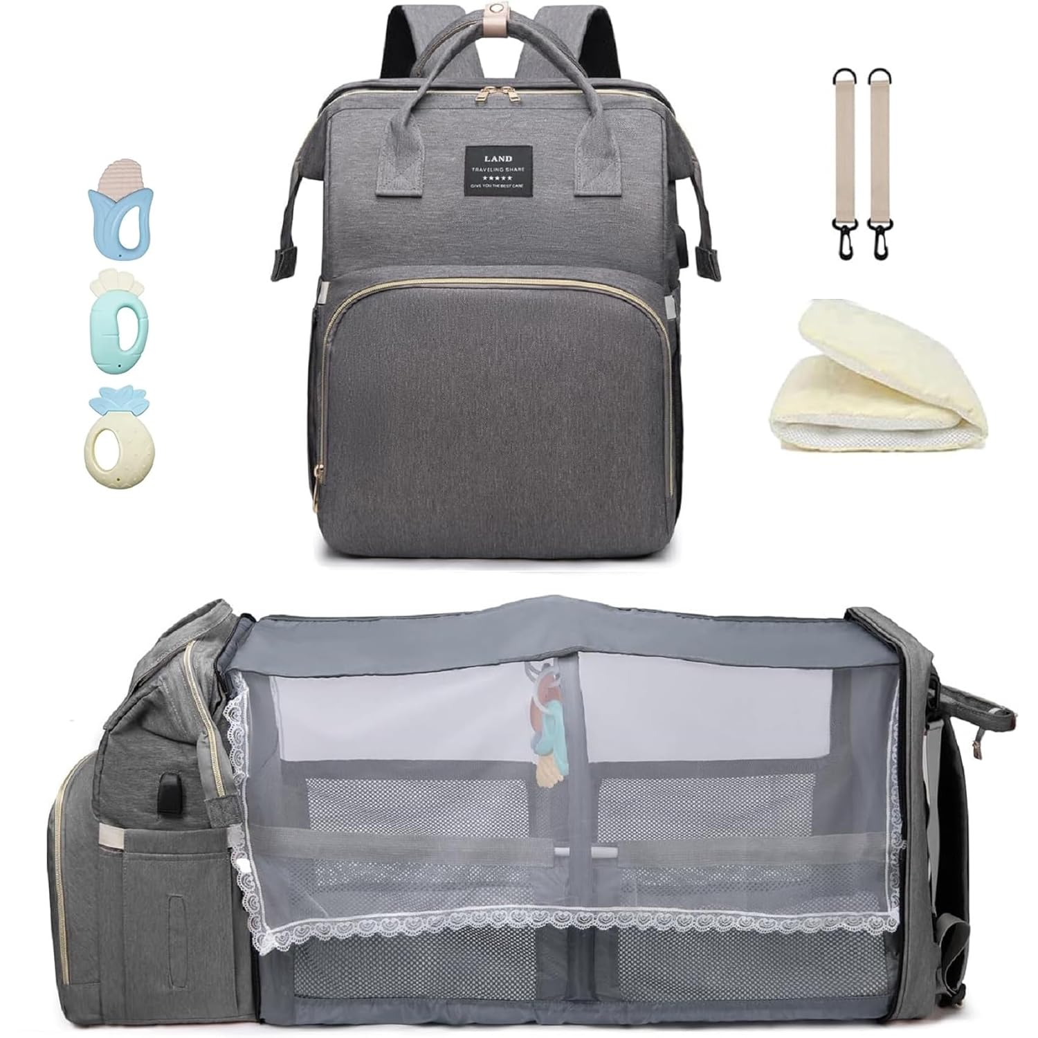 Ultimate 7-in-1 Diaper Bag Backpack with Changing Station & USB Port - Stylish Pink-Grey Mommy Bag for Travel