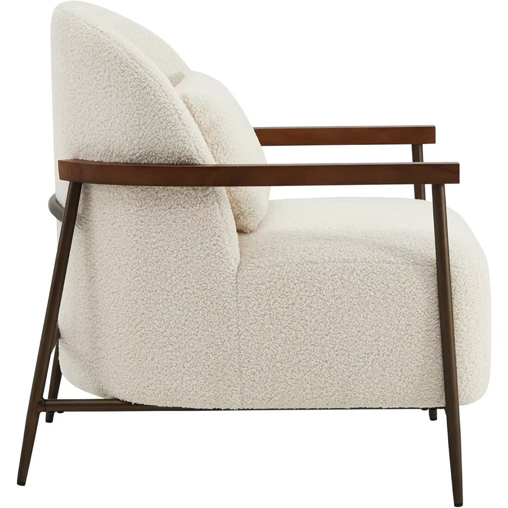 Accent Chair for Living Room, FSC Certified Modern Upholstered Faux Sherpa Fabric Armchair with Metal Frame and Wooden Armrests