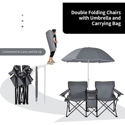 Double Camping Chair with Umbrella, Folding Loveseat Chairs W/Canopy Shade, Carrying Bag, Table, Cup Holder, Portable Beach Cha