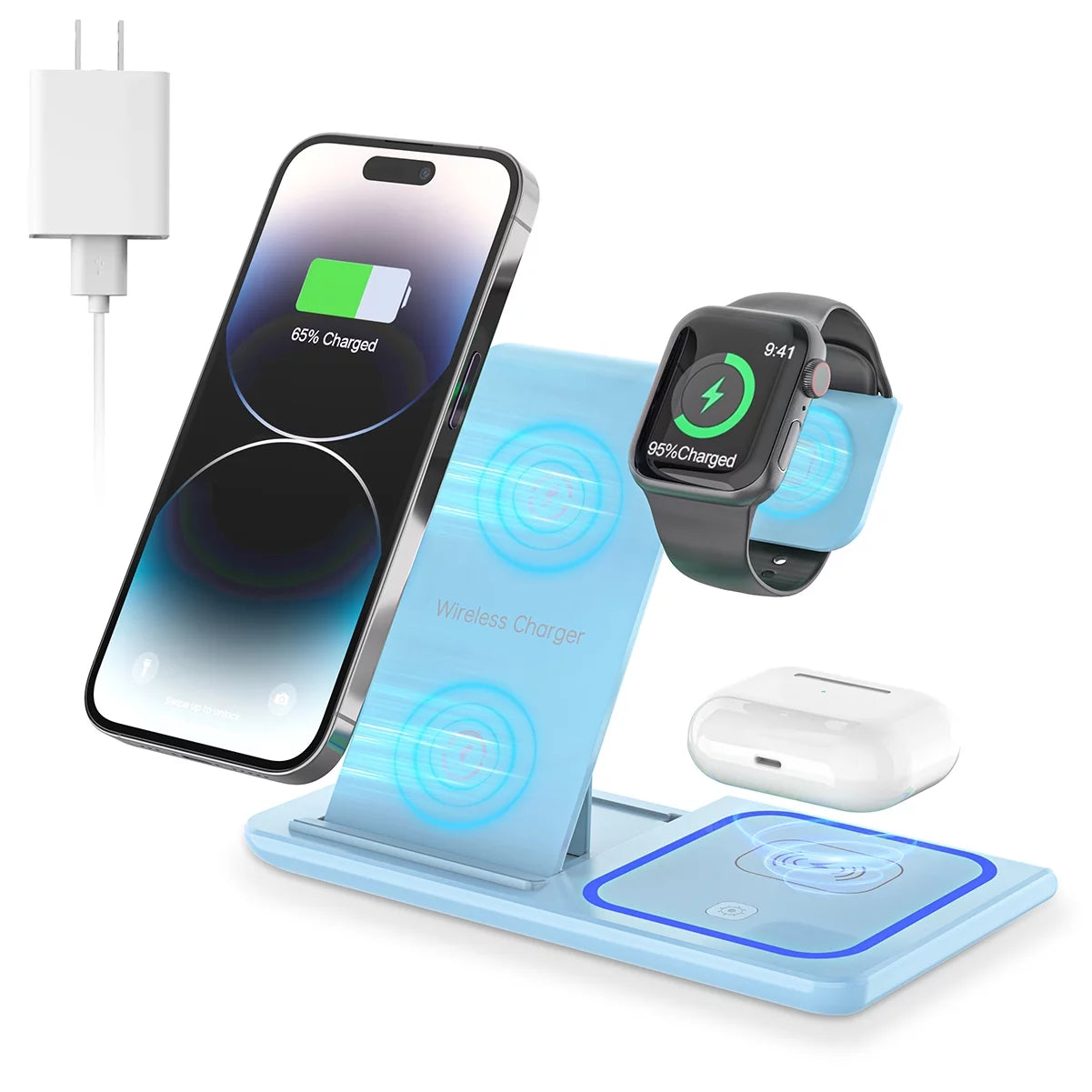 3 in 1 Wireless Charger, 18W Fast Charger Pad Stand Charging Station Dock for Iwatch Series SE 8/7/6/5/4/3 Airpods Pro/3/2 for Iphone 15/14/13/12 /11/Pro Max/12 Pro /XR (With QC3.0 Adapter)