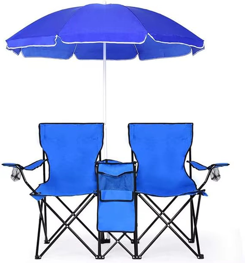 Double Camping Chair with Umbrella, Folding Loveseat Chairs W/Canopy Shade, Carrying Bag, Table, Cup Holder, Portable Beach Cha
