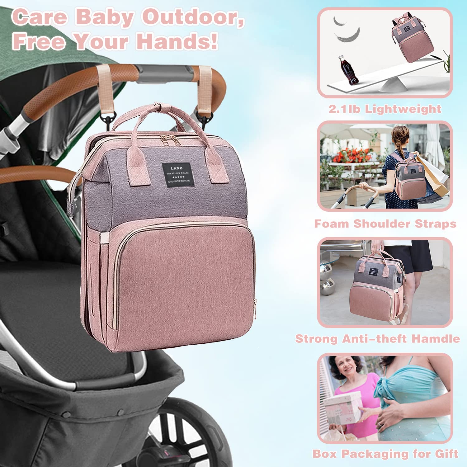 Ultimate 7-in-1 Diaper Bag Backpack with Changing Station & USB Port - Stylish Pink-Grey Mommy Bag for Travel