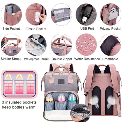 Ultimate 7-in-1 Diaper Bag Backpack with Changing Station & USB Port - Stylish Pink-Grey Mommy Bag for Travel