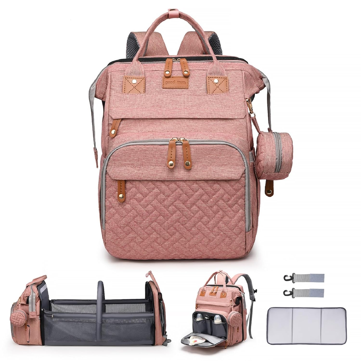 Ultimate 7-in-1 Diaper Bag Backpack with Changing Station & USB Port - Stylish Pink-Grey Mommy Bag for Travel