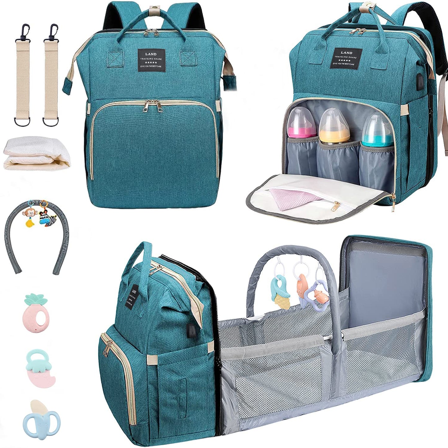 Ultimate 7-in-1 Diaper Bag Backpack with Changing Station & USB Port - Stylish Pink-Grey Mommy Bag for Travel