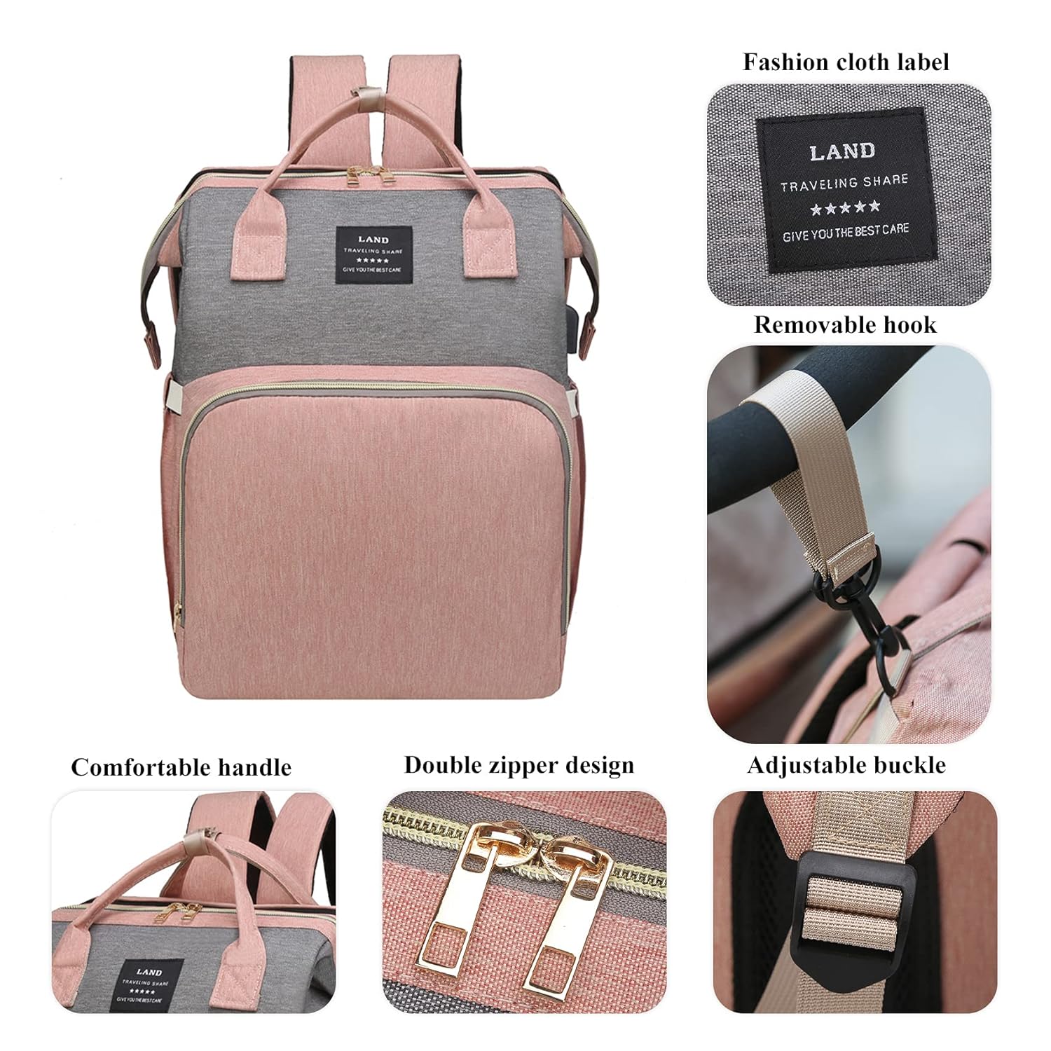 Ultimate 7-in-1 Diaper Bag Backpack with Changing Station & USB Port - Stylish Pink-Grey Mommy Bag for Travel