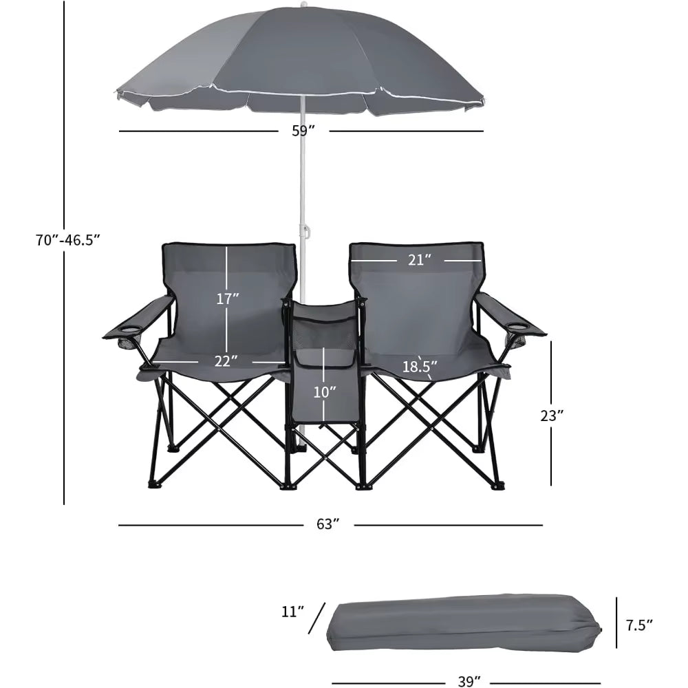 Double Camping Chair with Umbrella, Folding Loveseat Chairs W/Canopy Shade, Carrying Bag, Table, Cup Holder, Portable Beach Cha