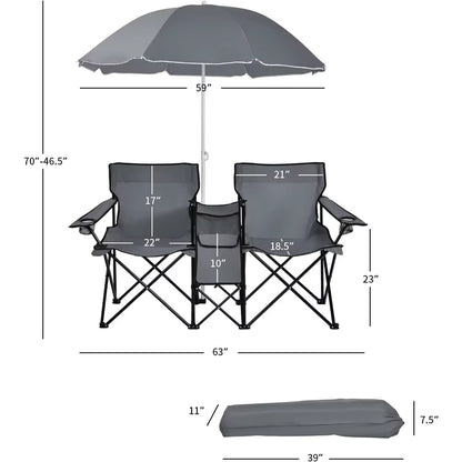 Double Camping Chair with Umbrella, Folding Loveseat Chairs W/Canopy Shade, Carrying Bag, Table, Cup Holder, Portable Beach Cha