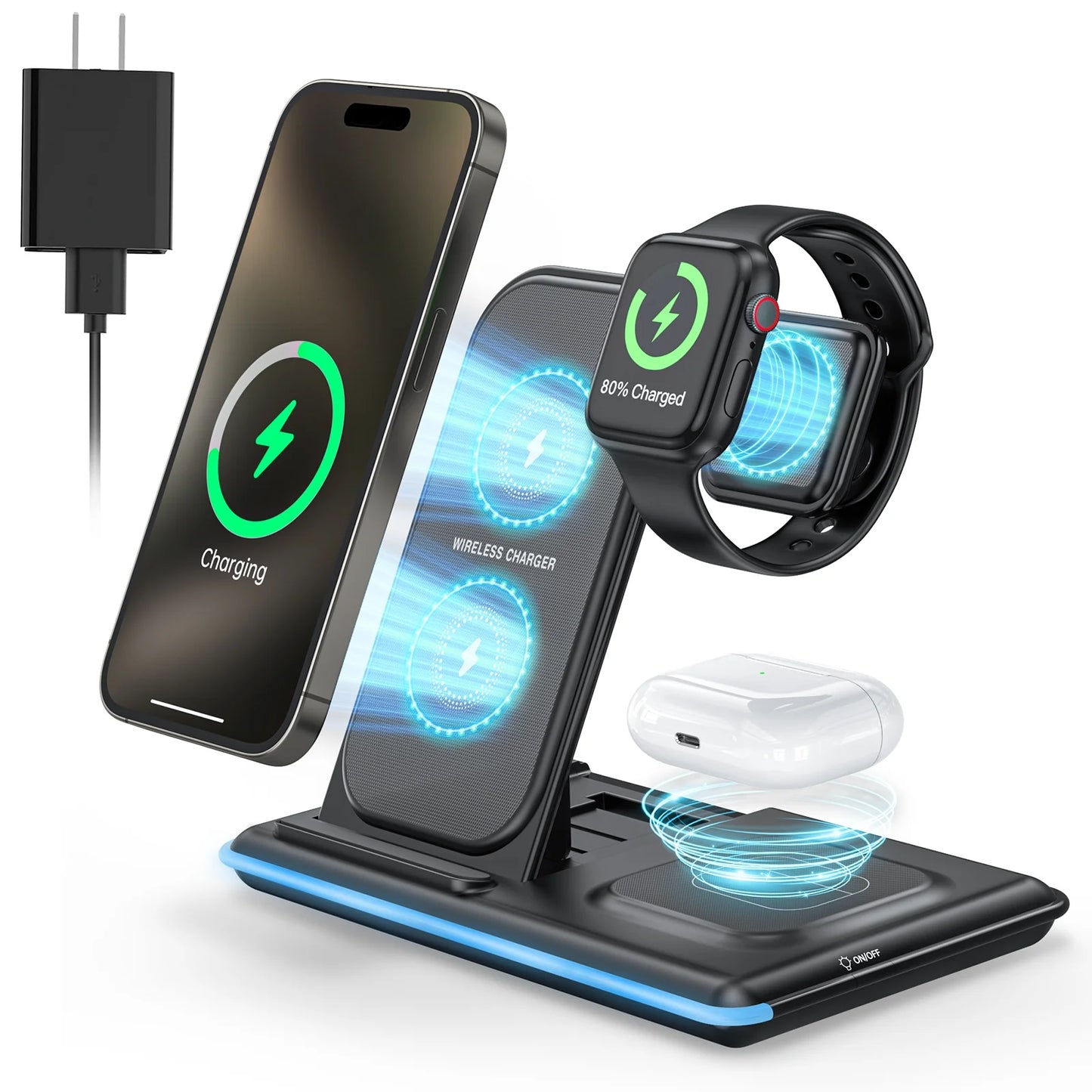 3 in 1 Wireless Charger, 18W Fast Charger Pad Stand Charging Station Dock for Iwatch Series SE 8/7/6/5/4/3 Airpods Pro/3/2 for Iphone 15/14/13/12 /11/Pro Max/12 Pro /XR (With QC3.0 Adapter)