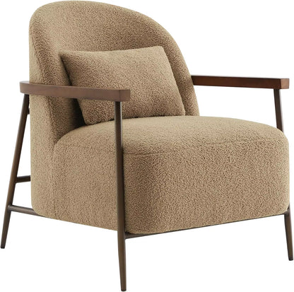 Accent Chair for Living Room, FSC Certified Modern Upholstered Faux Sherpa Fabric Armchair with Metal Frame and Wooden Armrests